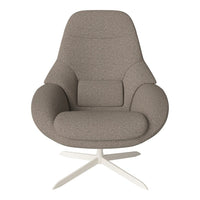 Cozy taupe armchair with smooth, textured fabric and a sleek white metal base, perfect for modern interiors.