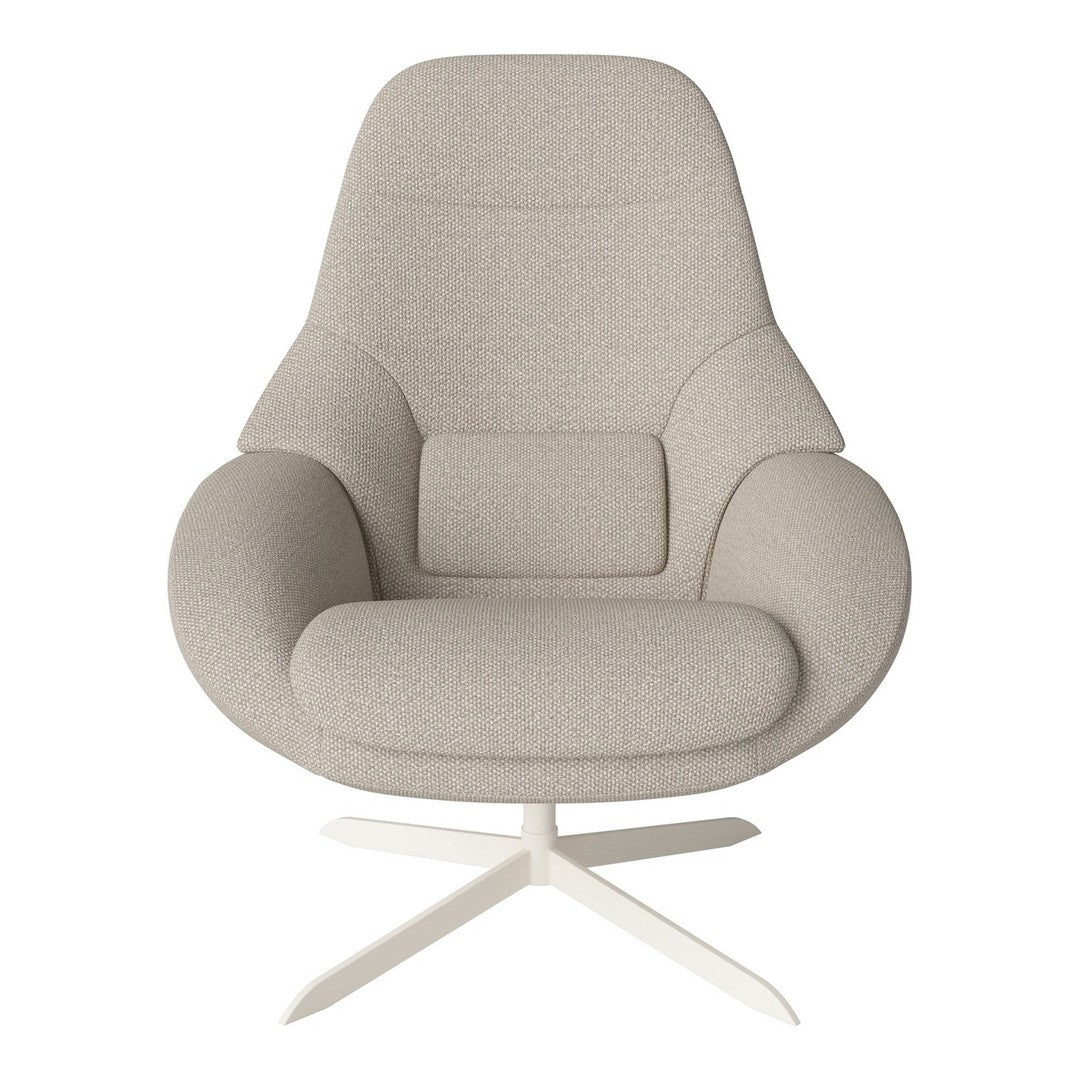 Light gray upholstered chair with a smooth, minimalist design and soft contours against a white base.