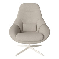 Light gray upholstered chair with a smooth, minimalist design and soft contours against a white base.