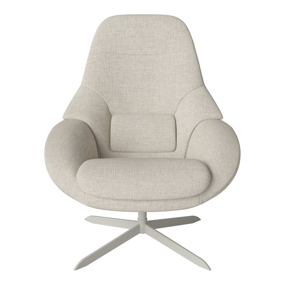 Light beige upholstered chair with a smooth, textured fabric and minimalist design, featuring a sleek metal base.