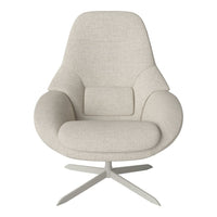 Light beige upholstered chair with a smooth, textured fabric and minimalist design, featuring a sleek metal base.