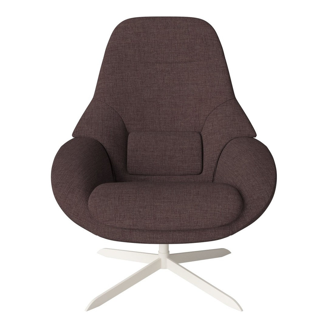 Brown upholstered chair with a modern design and sleek white metal base, featuring smooth, curved lines.