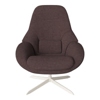 Brown upholstered chair with a modern design and sleek white metal base, featuring smooth, curved lines.