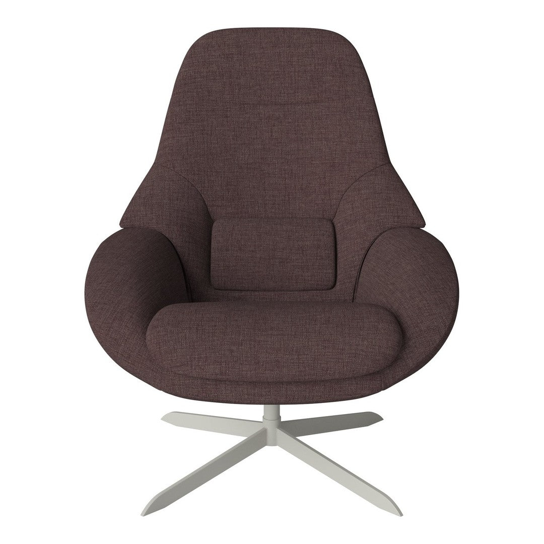 Plush mauve chair with smooth contours and a sleek metallic base, featuring a textured fabric pattern for added comfort.