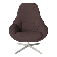 Plush mauve chair with smooth contours and a sleek metallic base, featuring a textured fabric pattern for added comfort.