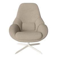 Beige upholstered armchair with a smooth fabric texture and minimalist design, featuring a light-colored base.