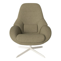 Olive green upholstered lounge chair with a smooth, minimalist design and sleek white metal base.