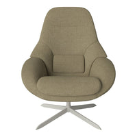 Soft beige armchair with a smooth, textured fabric and an elegant, modern design on a sleek metal base.