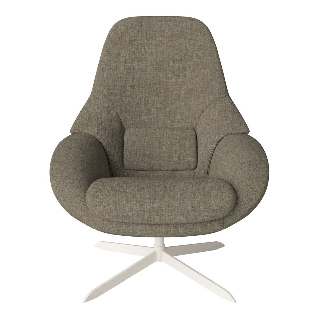 Stylish taupe fabric armchair with smooth contours and a minimalist white base for modern decor.