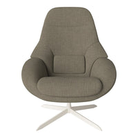 Stylish taupe fabric armchair with smooth contours and a minimalist white base for modern decor.