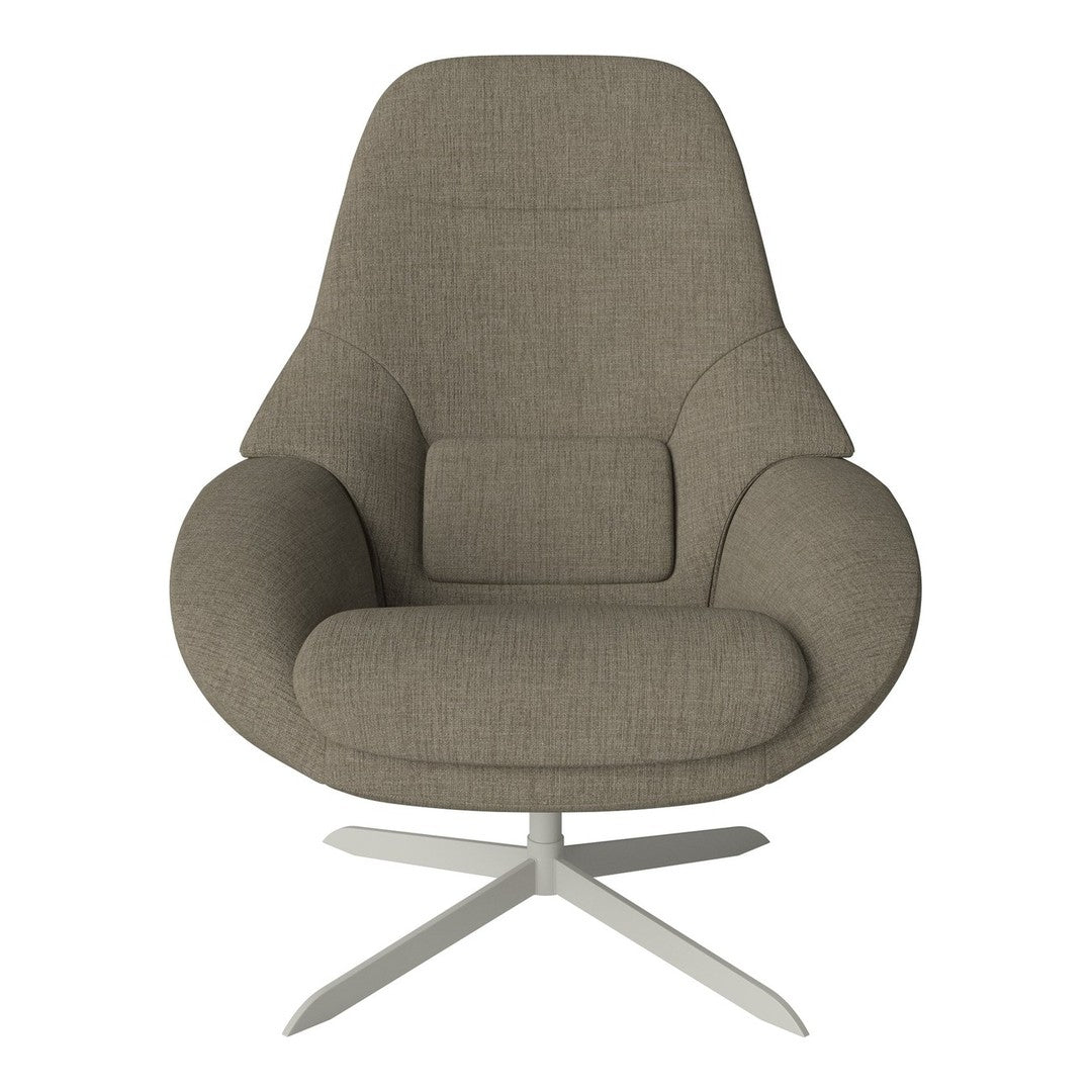 Modern taupe armchair with a smooth, textured fabric and sleek, minimalist design. Perfect for contemporary decor.
