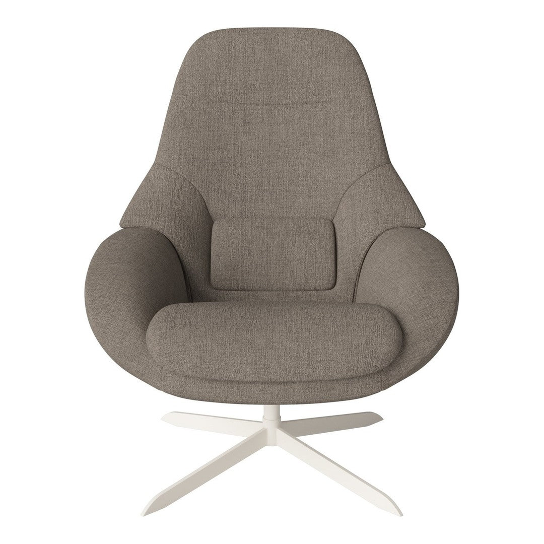 Gray upholstered chair with a smooth texture and curved shape, featuring a minimalist white base.