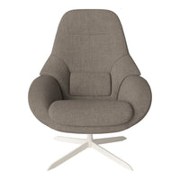 Gray upholstered chair with a smooth texture and curved shape, featuring a minimalist white base.