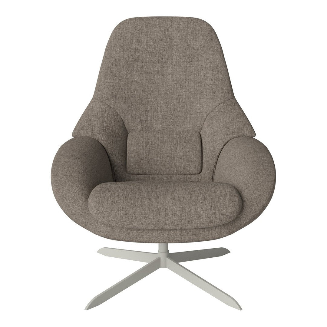 Cozy light brown upholstered chair with smooth, rounded contours and a minimalist silver base. Perfect for modern decor.