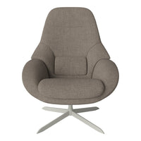 Cozy light brown upholstered chair with smooth, rounded contours and a minimalist silver base. Perfect for modern decor.