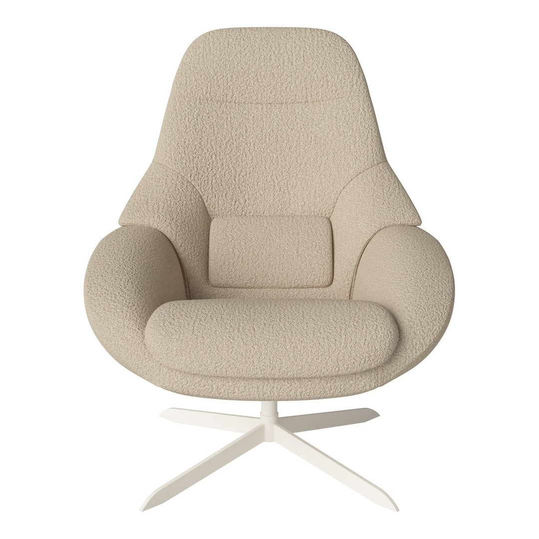 Beige boucle fabric armchair with smooth, rounded design and white metal base, perfect for modern decor.