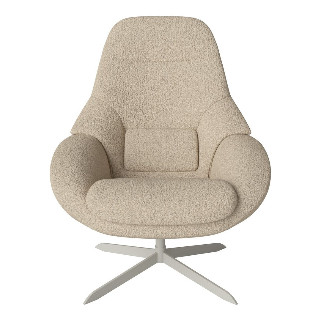 Beige textured armchair with a unique curved design and a sleek silver base, perfect for modern interiors.