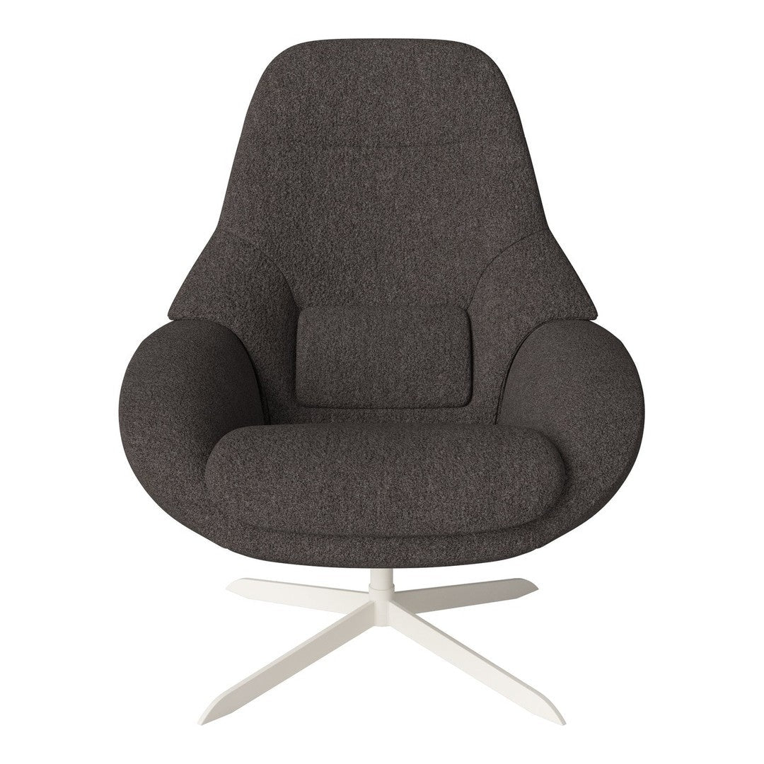 Modern dark gray upholstered chair with smooth contours and a minimalist white base. Ideal for contemporary interiors.