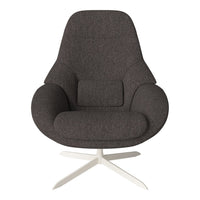 Modern dark gray upholstered chair with smooth contours and a minimalist white base. Ideal for contemporary interiors.