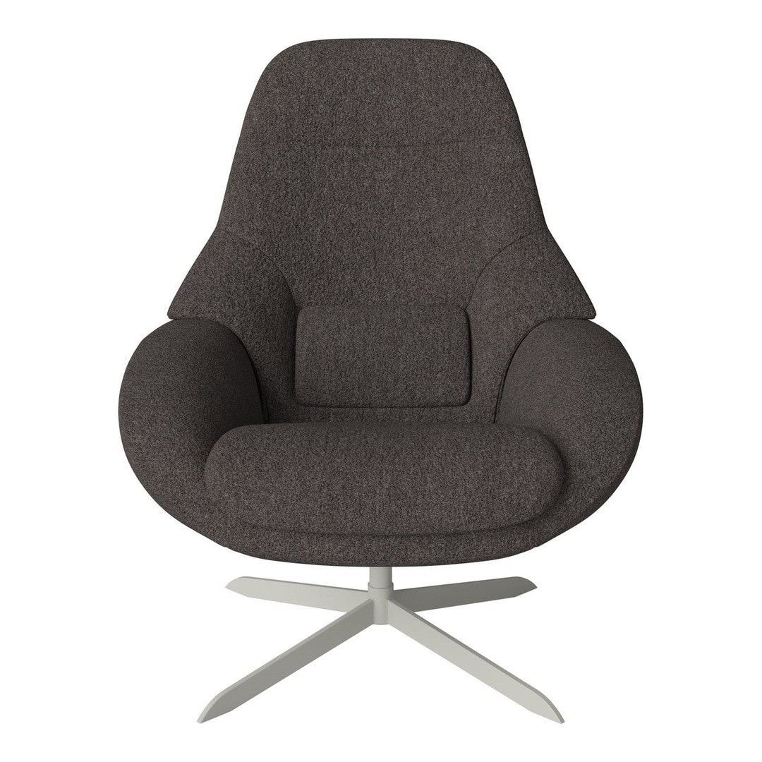 Modern gray upholstered swivel chair with a sleek, minimalist design and soft, rounded edges.