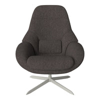 Modern gray upholstered swivel chair with a sleek, minimalist design and soft, rounded edges.