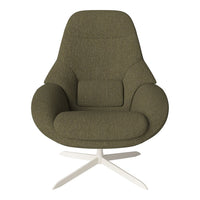 Olive green textured upholstery armchair with a smooth, modern design and a white metal base.