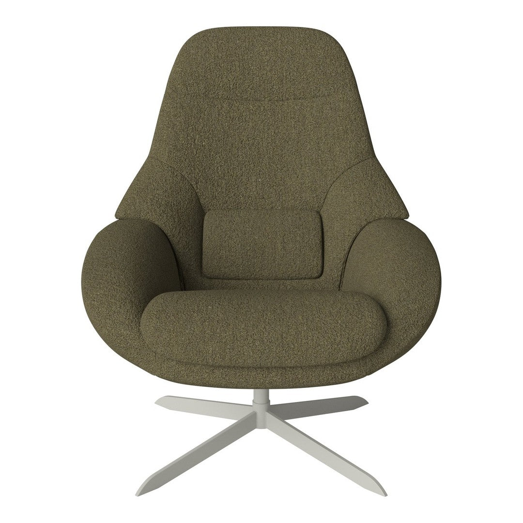 Olive green upholstered chair with a plush, textured finish and sleek silver base, perfect for modern decor.