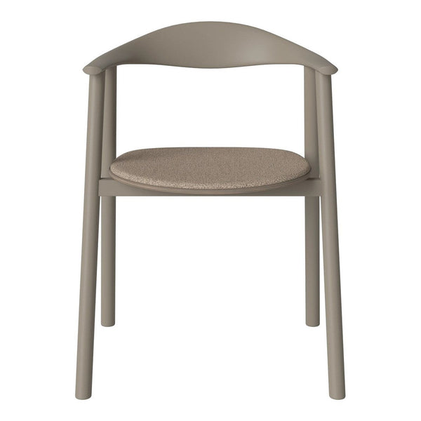 Light taupe chair with a textured beige seat, featuring a minimalist design and smooth, curved backrest.