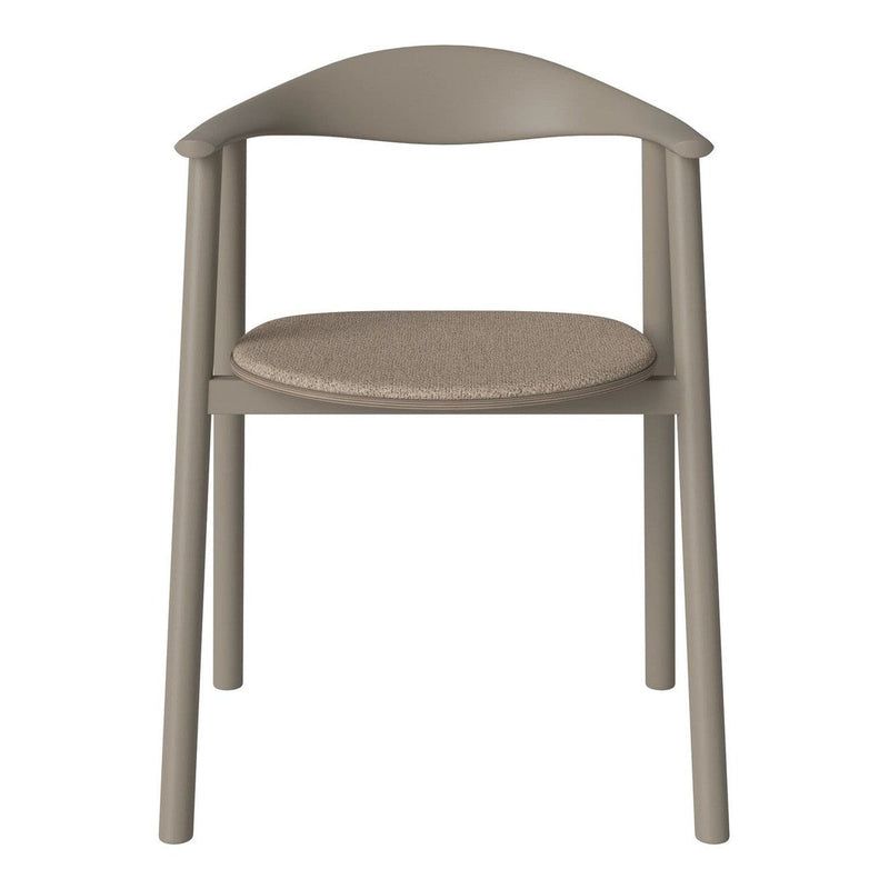 Light taupe chair with a textured beige seat, featuring a minimalist design and smooth, curved backrest.