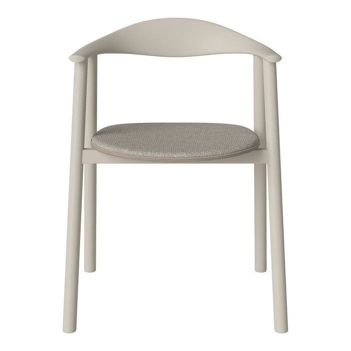 Light gray wooden chair with a textured beige seat cushion, featuring a minimalist design and soft curves.