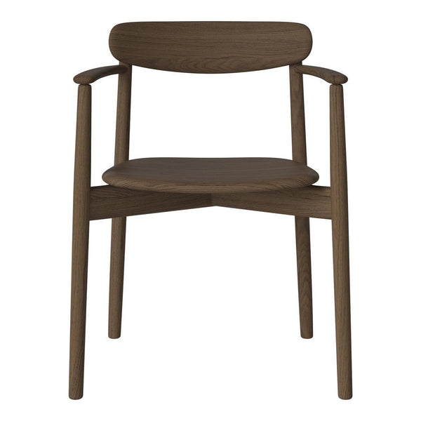 Brown wooden chair with a smooth finish, featuring a minimalist design and natural wood grain patterns.