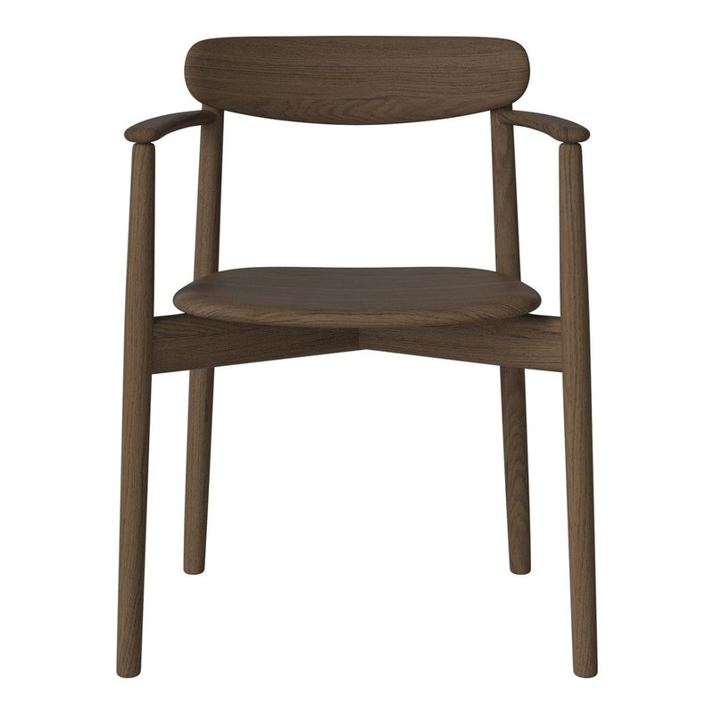 Brown wooden chair with a smooth finish, featuring a minimalist design and natural wood grain patterns.
