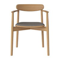 Light oak chair with a smooth wood finish and a gray textured seat cushion. Modern design with minimalist style.