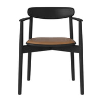 Black wooden chair with smooth black finish and contrasting brown wood seat. Elegant and minimalistic design.
