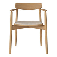 Light oak chair with a natural wood finish and beige upholstered seat. Simple, modern design with clean lines.