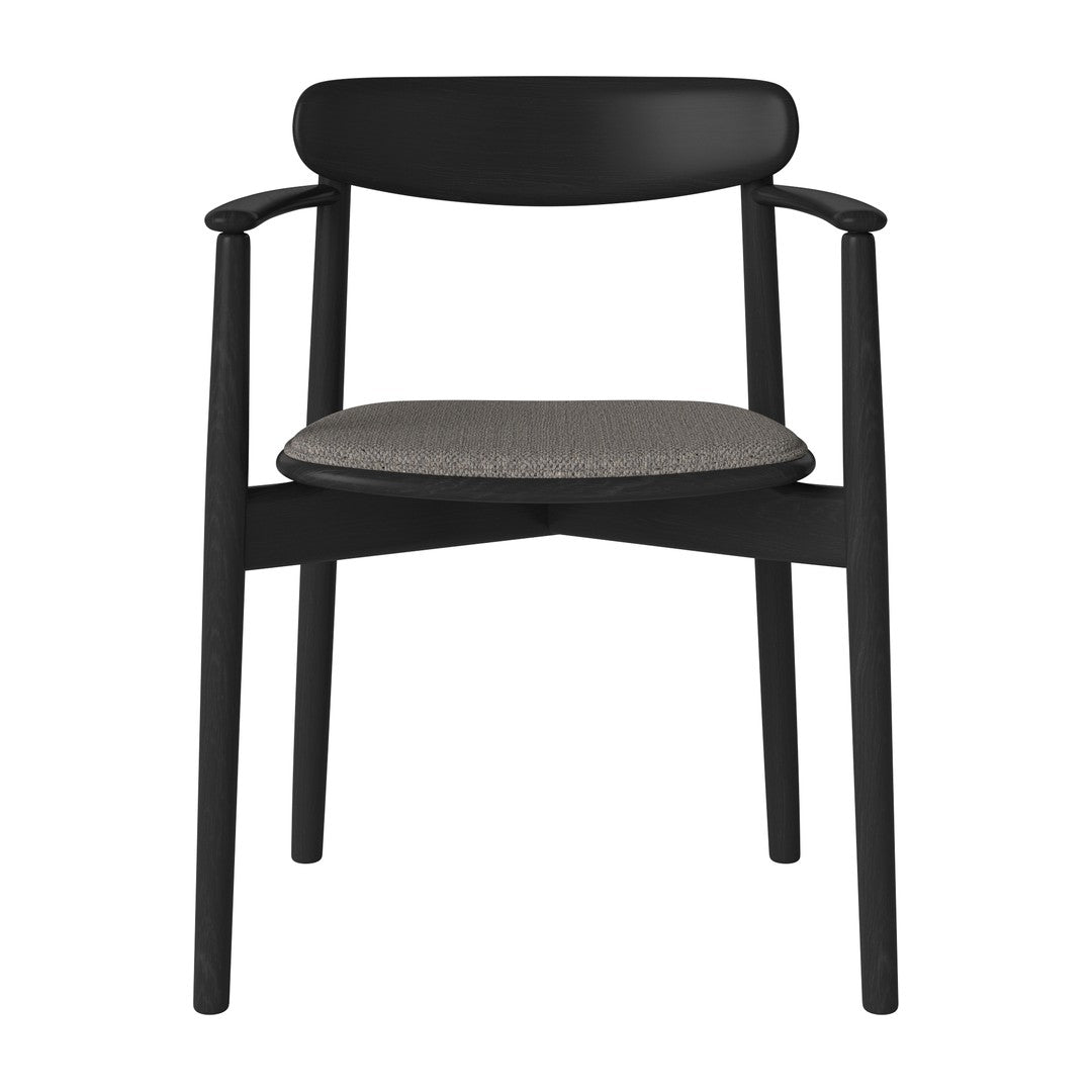 Black wooden chair with a gray patterned seat cushion. Sleek, modern design for contemporary spaces.