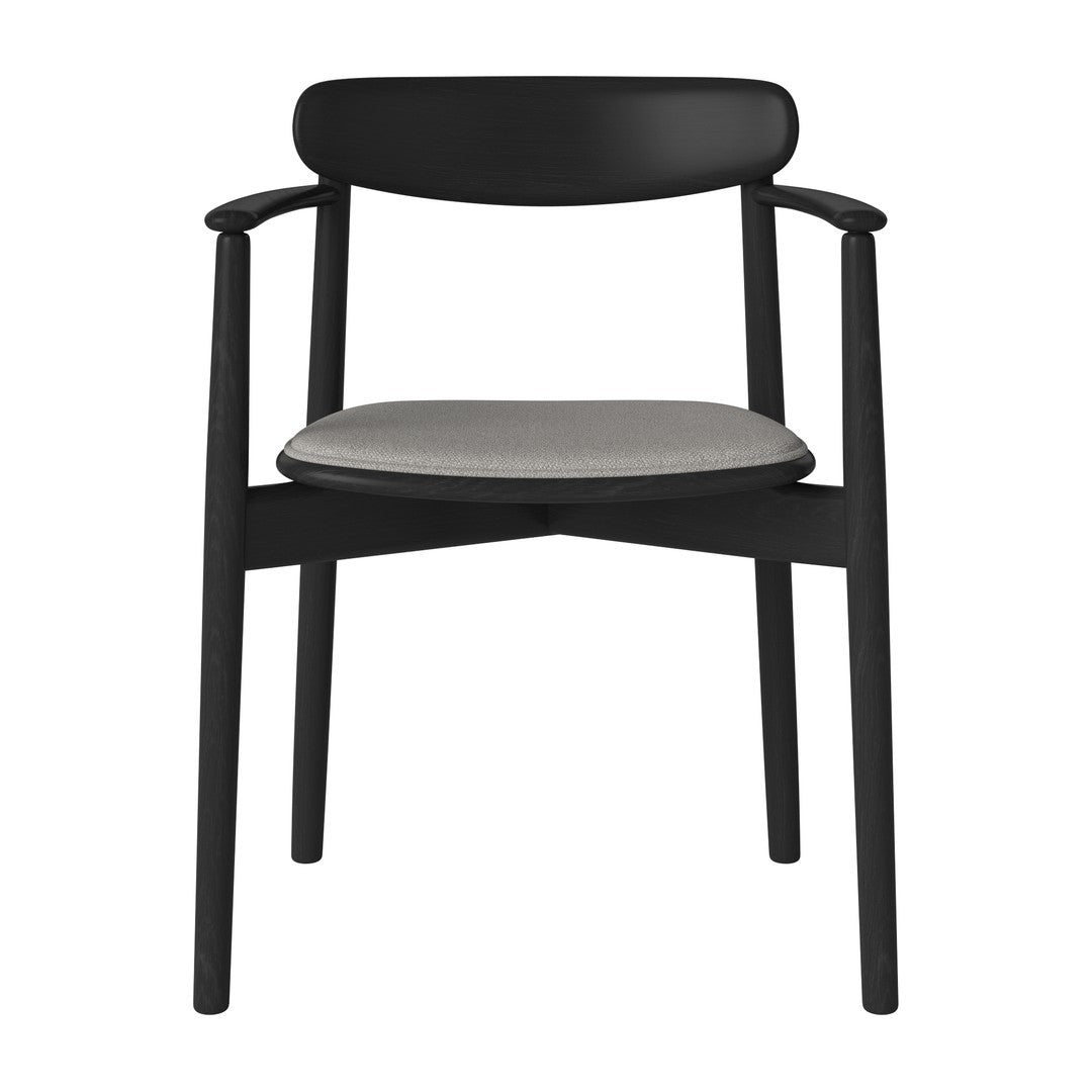 Black wooden chair with a smooth gray fabric seat, showcasing a minimalist and modern design.