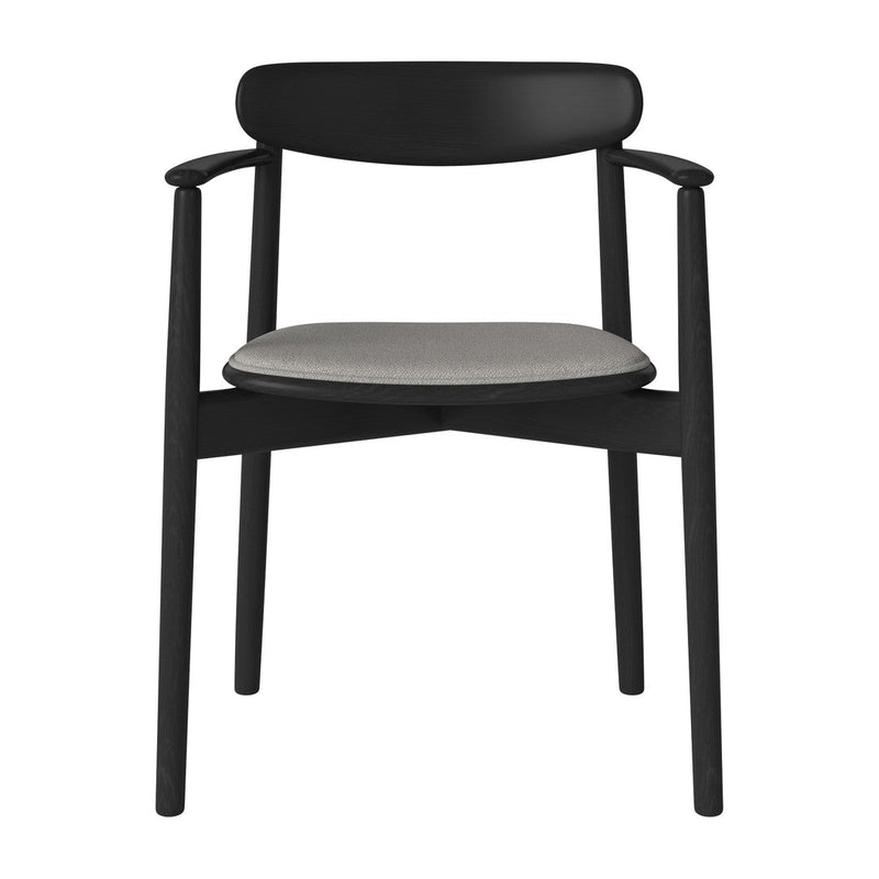 Black wooden chair with a smooth gray fabric seat, showcasing a minimalist and modern design.
