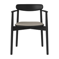 Black wooden chair with a sleek silhouette and a light grey upholstered seat, minimalist design, perfect for modern decor.