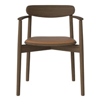 Brown wooden chair with a smooth, light brown seat and curved backrest, featuring a minimalist design.