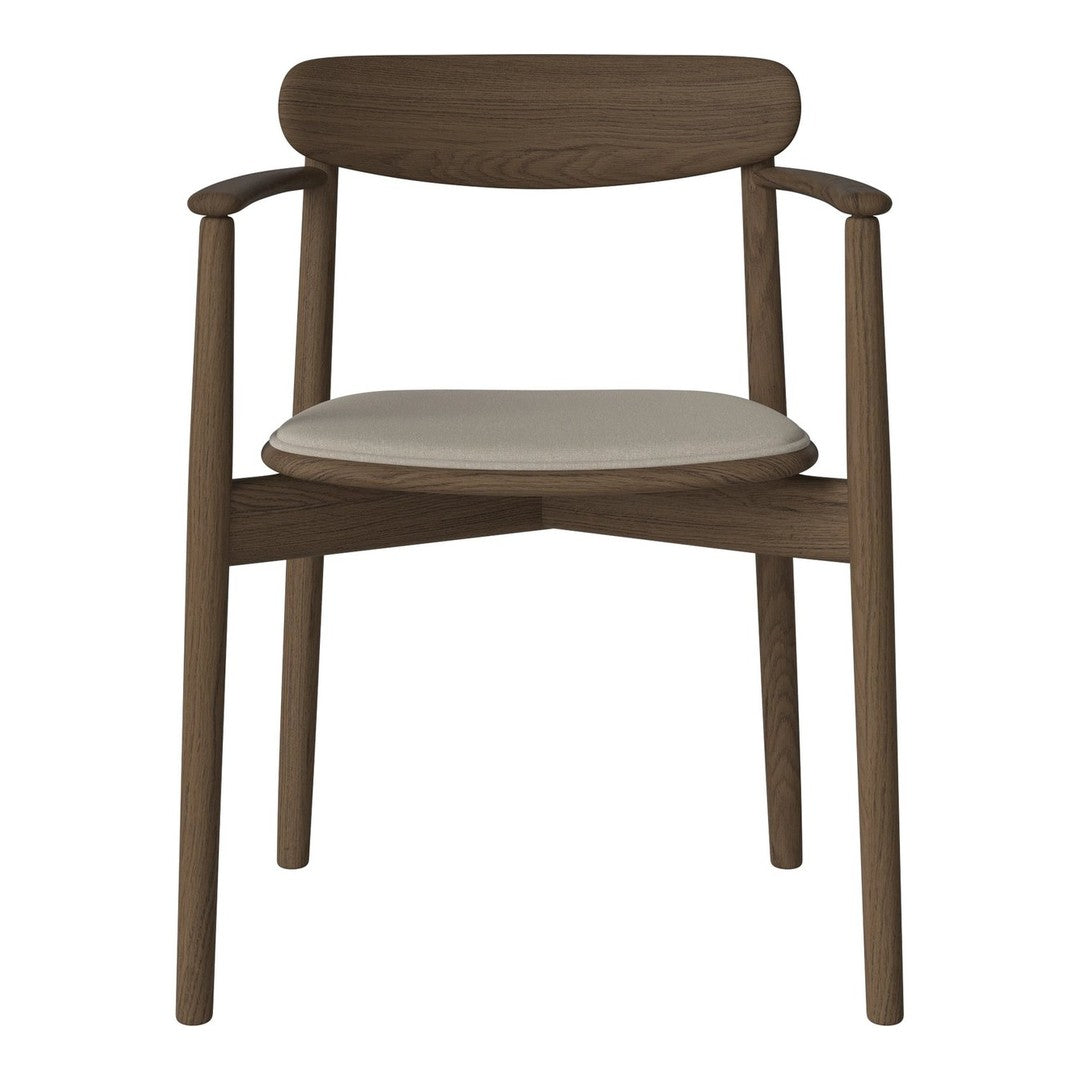 Mid-century wood chair in dark walnut finish with a cream cushion. Simple, modern design with clean lines.