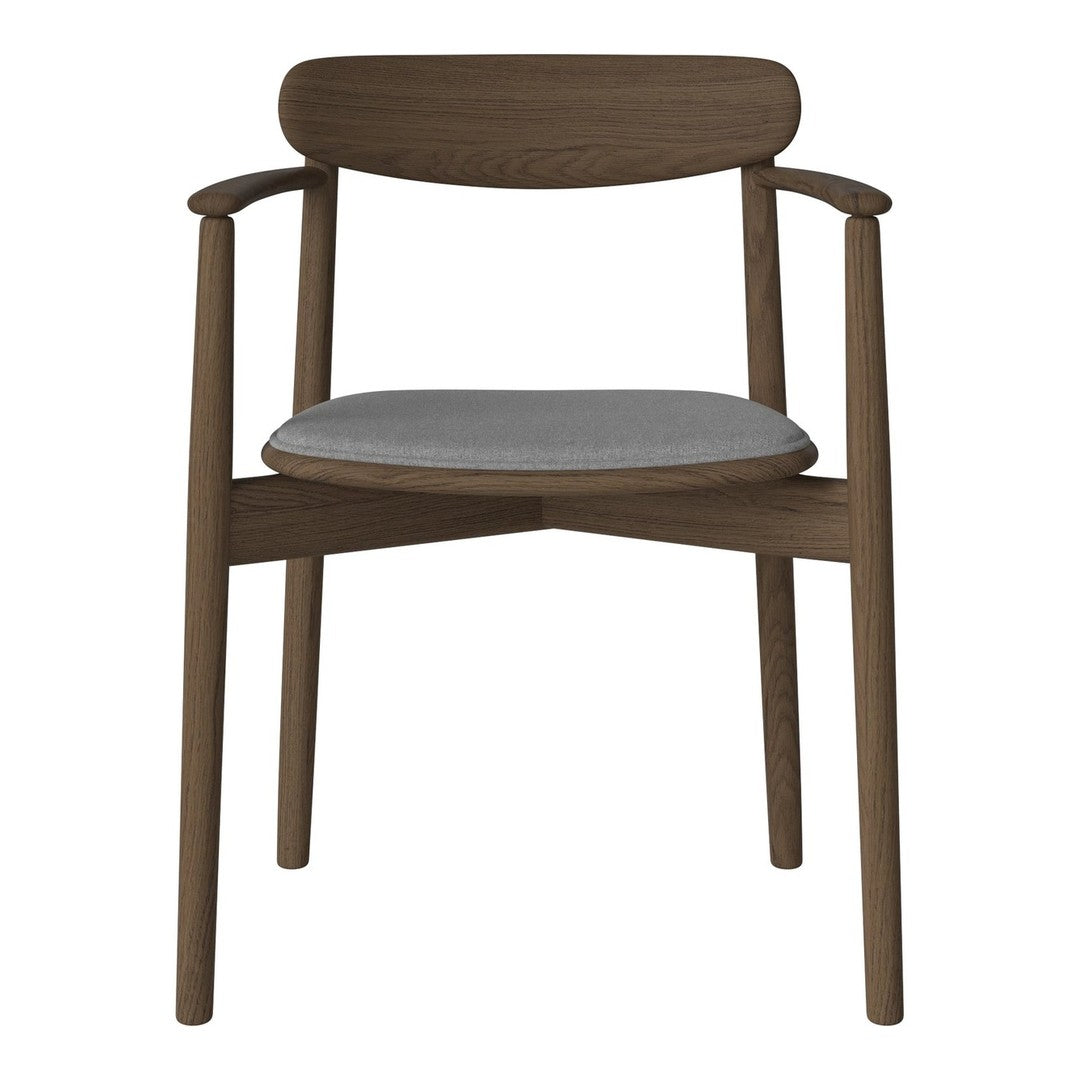 Mid-century modern chair in rich walnut wood with a soft gray upholstered seat. Clean lines and minimalist design.