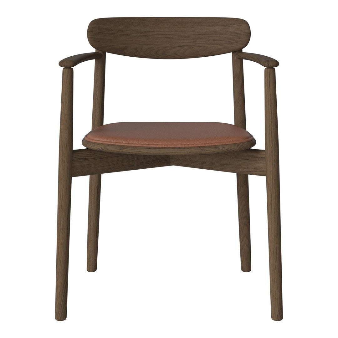Brown wooden chair with a sleek, minimal design and a contrasting tan leather seat cushion. Simple and stylish.