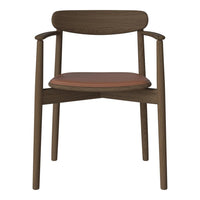 Brown wooden chair with a sleek, minimal design and a contrasting tan leather seat cushion. Simple and stylish.