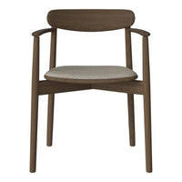 Wooden chair with a dark brown finish and a light beige textured seat cushion. Simple, modern design.