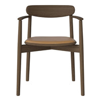 Brown wooden chair with a smooth, light tan seat and curved armrests for a modern, minimalist design.