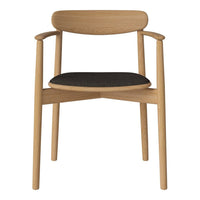 Natural oak chair with a sleek design and a dark black fabric seat, featuring smooth lines and minimalist style.