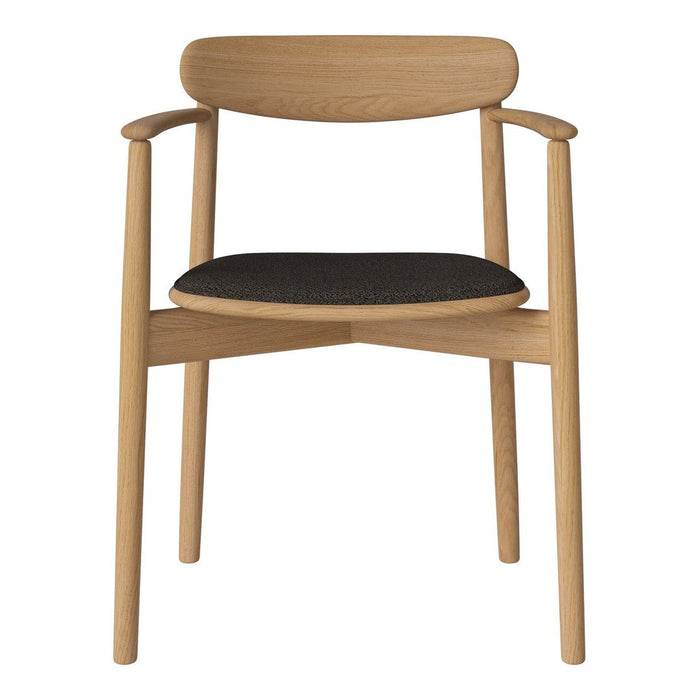 Natural oak chair with a sleek design and a dark black fabric seat, featuring smooth lines and minimalist style.