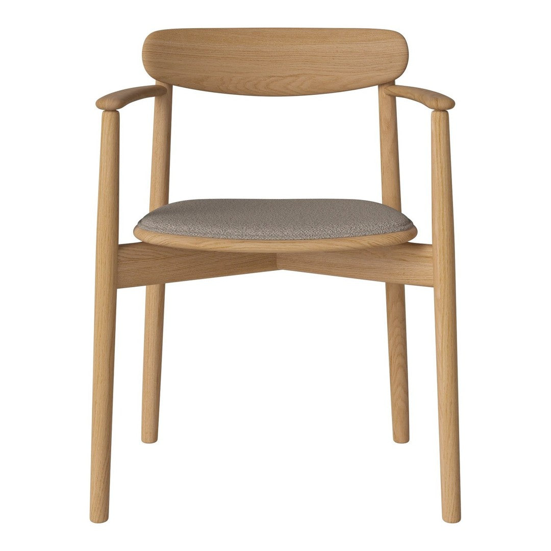 Natural wood chair with light oak finish and a soft gray upholstered seat for a minimalistic, modern look.