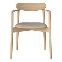 Natural wood armchair with a light gray patterned seat cushion, perfect for modern decor.